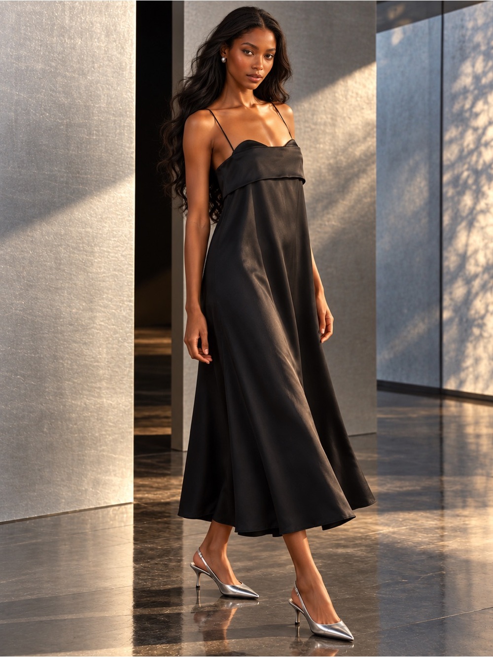 Toit Volant NWOT Verona Black Satin Faille Sweetheart Midi Dress, Size S/M